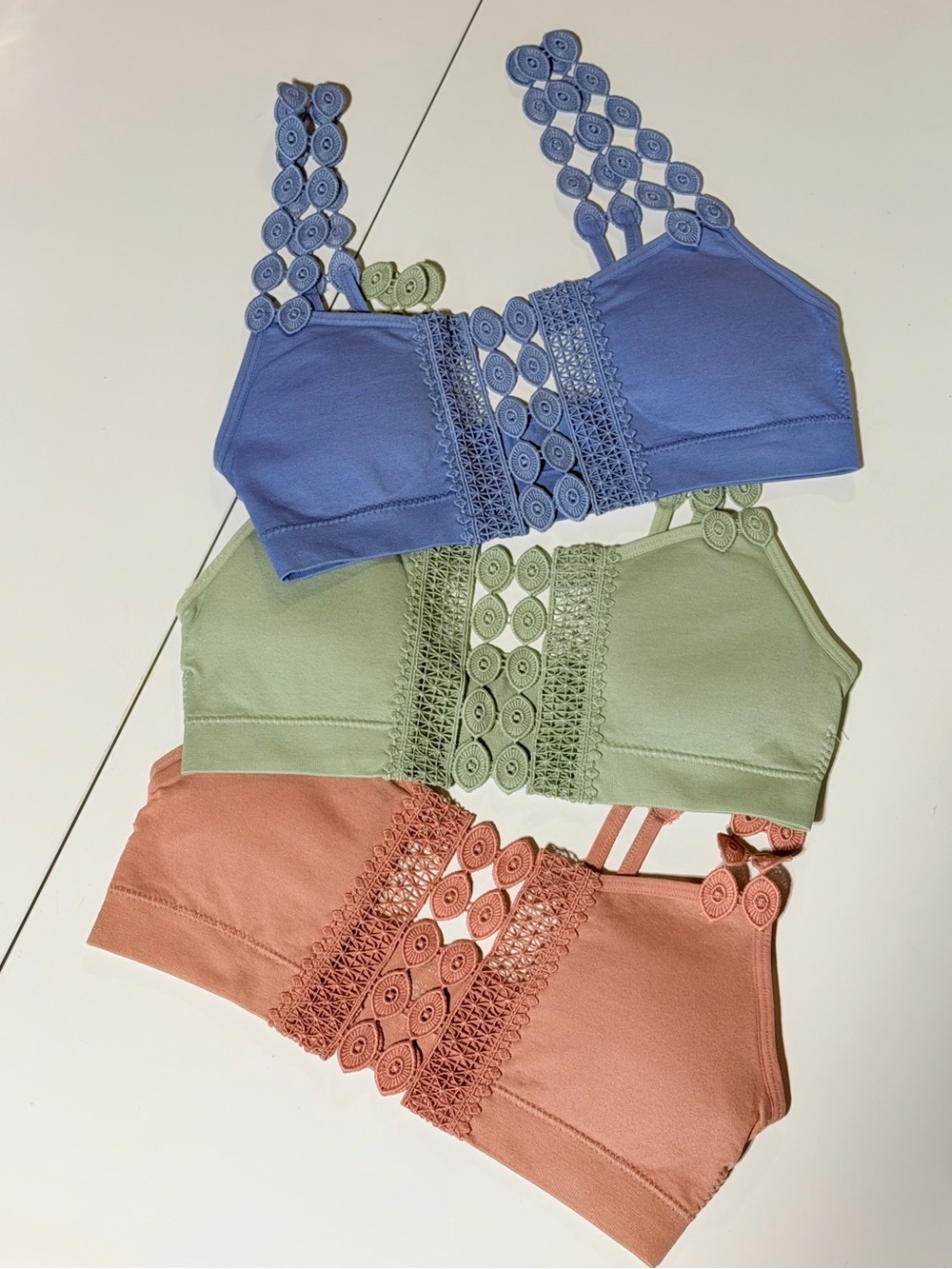 Lace-Trim Bralette Trio - Blue, Sage, Rose